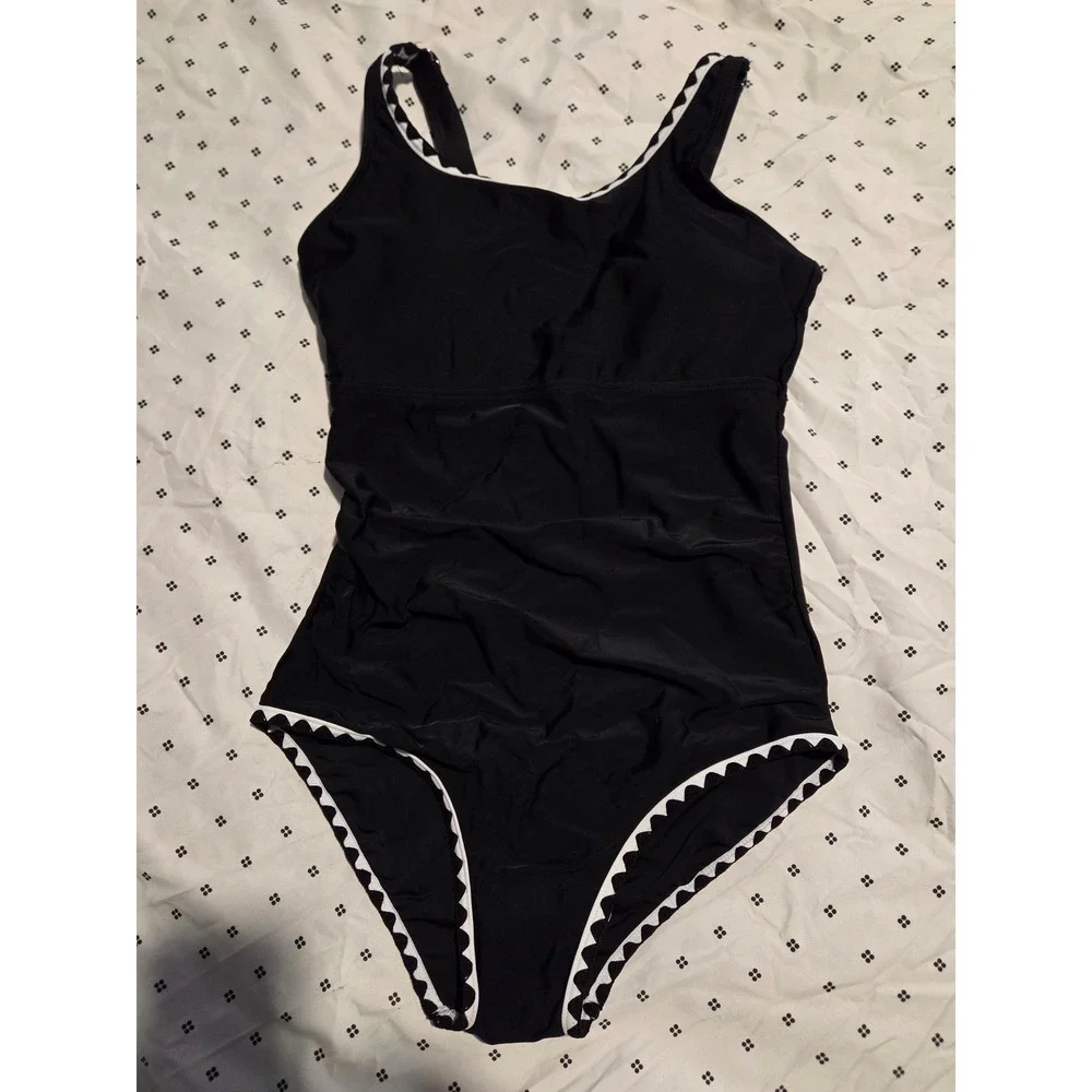 Black One Piece Swimsuit White Scalloped Trim Square Neck Girls Size‎ 13-14Y